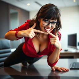 A close-up image of Jelena Jensen, a brunette woman with glasses, wearing a red blouse that accentuates her cleavage, posed on all fours on a desk