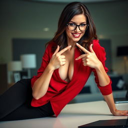 A close-up image of Jelena Jensen, a brunette woman with glasses, wearing a red blouse that accentuates her cleavage, posed on all fours on a desk