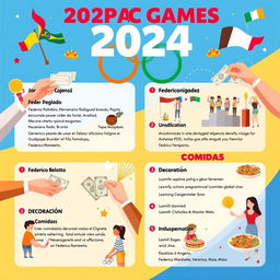 A vibrant and dynamic 2024-themed Olympic Games poster melding the event's grandeur with the given topics