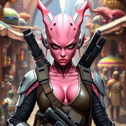 A striking female Balosar bounty hunter from Star Wars, featuring unique pink skin and signature antennae