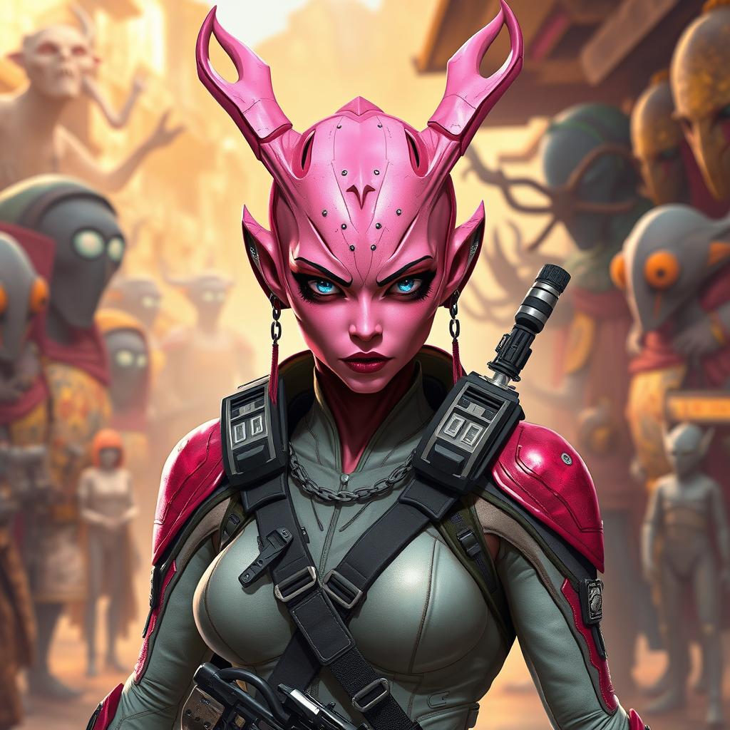 A striking female Balosar bounty hunter from Star Wars, featuring unique pink skin and signature antennae