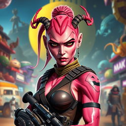 A striking female Balosar bounty hunter from Star Wars, featuring unique pink skin and signature antennae