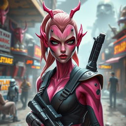 A striking female Balosar bounty hunter from Star Wars, featuring unique pink skin and signature antennae