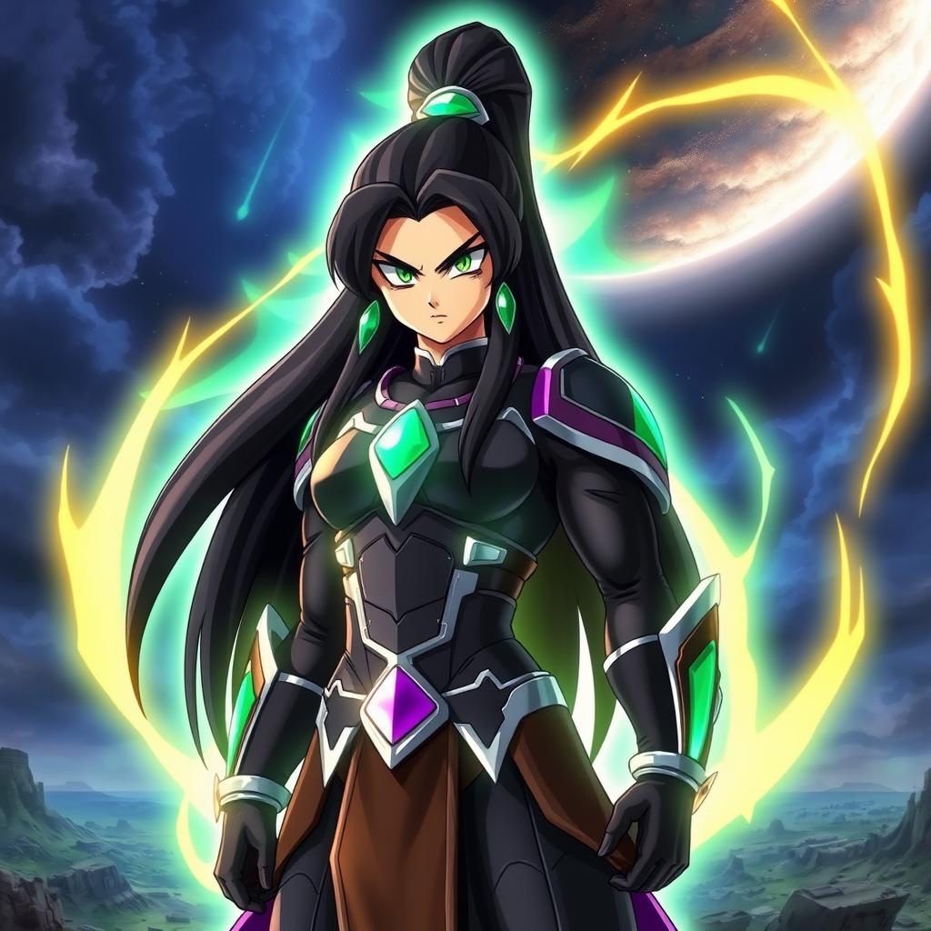 Echalott, a tall and athletic female Saiyan warrior with long, straight jet-black hair tied in a high ponytail, and bright emerald green eyes