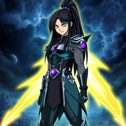 Echalott, a tall and athletic female Saiyan warrior with long, straight jet-black hair tied in a high ponytail, and bright emerald green eyes