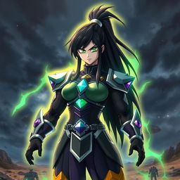 Echalott, a tall and athletic female Saiyan warrior with long, straight jet-black hair tied in a high ponytail, and bright emerald green eyes