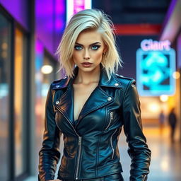 Blonde femboy, stylishly dressed in sleek leather attire, featuring a fitted leather jacket with intricate detailing and leather pants