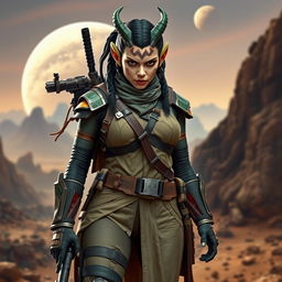 A striking and imposing female Balosar bounty hunter from Star Wars, distinguished by her characteristic antennae and a fierce, determined expression