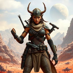 A striking and imposing female Balosar bounty hunter from Star Wars, distinguished by her characteristic antennae and a fierce, determined expression