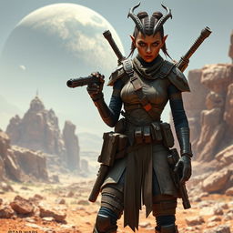 A striking and imposing female Balosar bounty hunter from Star Wars, distinguished by her characteristic antennae and a fierce, determined expression