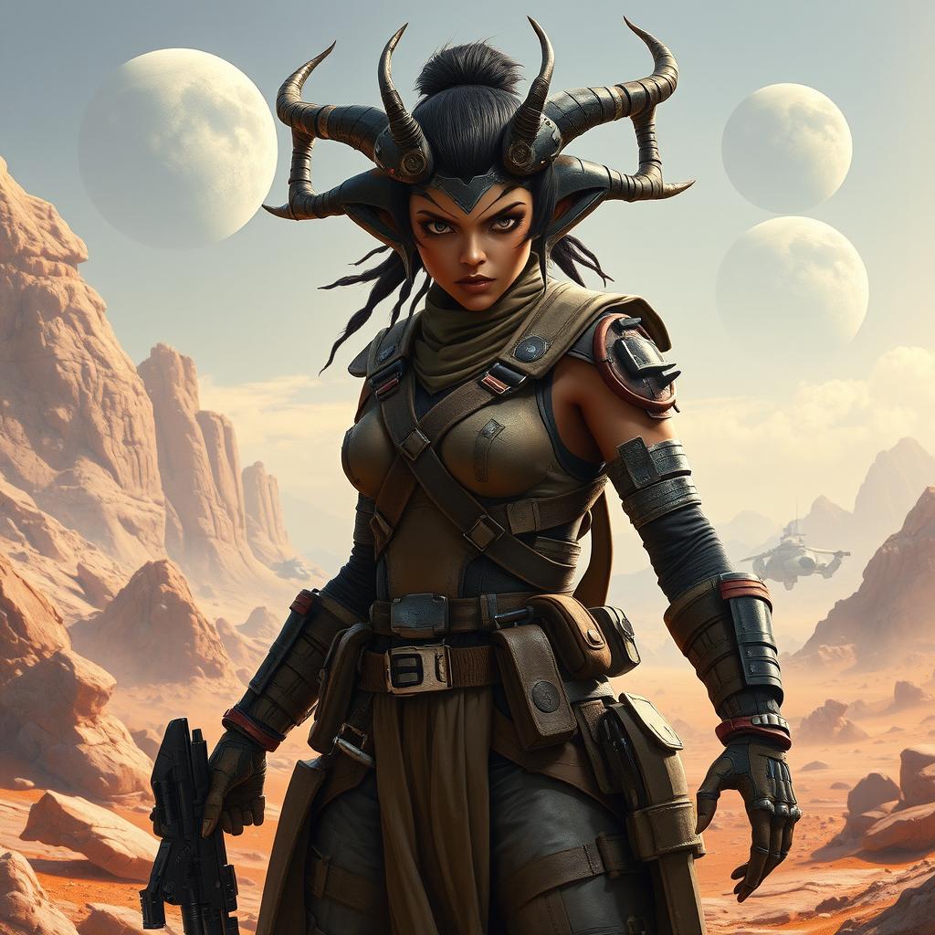 A striking and imposing female Balosar bounty hunter from Star Wars, distinguished by her characteristic antennae and a fierce, determined expression