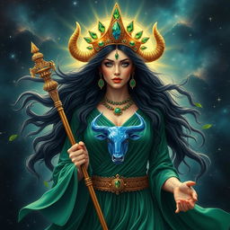 The Taurus Goddess emerges as a vision of celestial beauty, with dark locks cascading like midnight silk