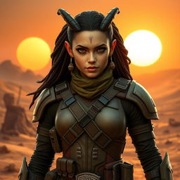 An imposing and captivating female Balosar bounty hunter from the Star Wars universe, characterized by her distinctive antennae and a confident, commanding expression