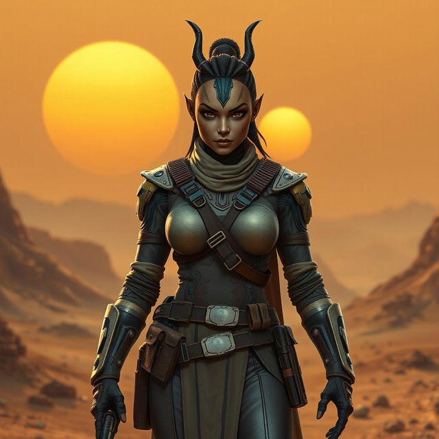 An imposing and captivating female Balosar bounty hunter from the Star Wars universe, characterized by her distinctive antennae and a confident, commanding expression