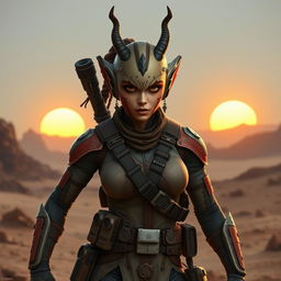 An imposing and captivating female Balosar bounty hunter from the Star Wars universe, characterized by her distinctive antennae and a confident, commanding expression