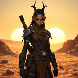 An imposing and captivating female Balosar bounty hunter from the Star Wars universe, characterized by her distinctive antennae and a confident, commanding expression