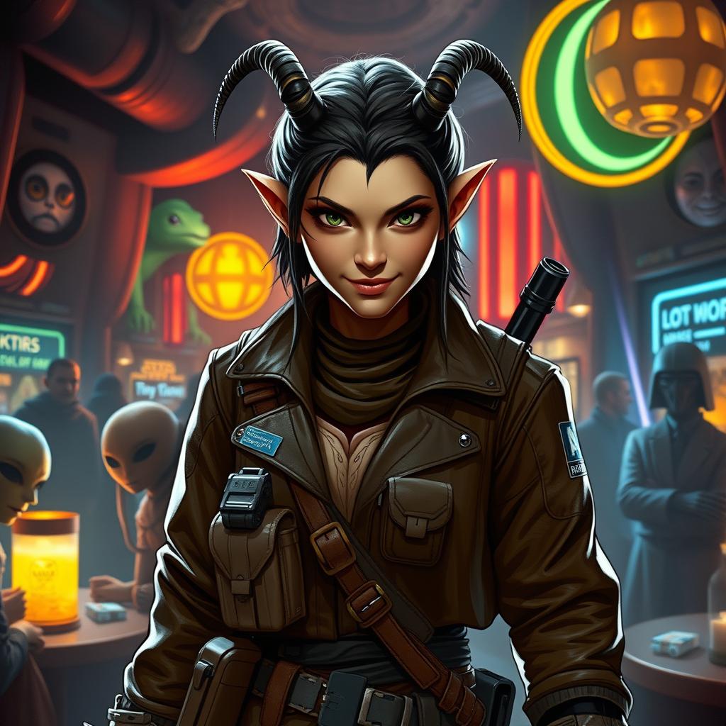 A resourceful and cunning female Balosar smuggler from Star Wars, prominently featuring her antennae and a sly, confident grin