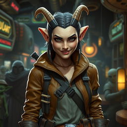 A resourceful and cunning female Balosar smuggler from Star Wars, prominently featuring her antennae and a sly, confident grin