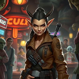 A resourceful and cunning female Balosar smuggler from Star Wars, prominently featuring her antennae and a sly, confident grin