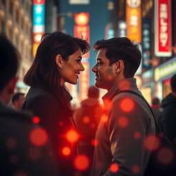 A romantic scene of two strangers locking eyes for the first time amidst a bustling city street