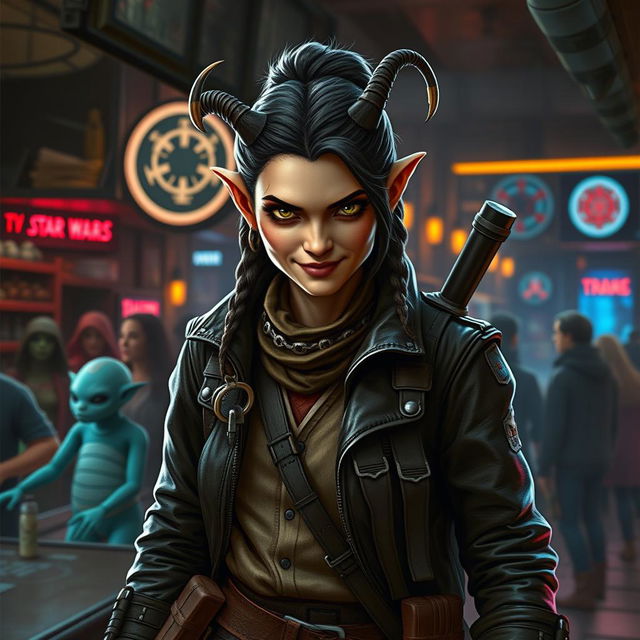 A resourceful and cunning female Balosar smuggler from Star Wars, prominently featuring her antennae and a sly, confident grin