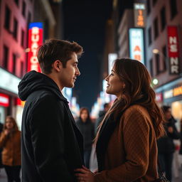 A romantic scene of two strangers locking eyes for the first time amidst a bustling city street