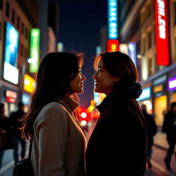 A romantic scene of two strangers locking eyes for the first time amidst a bustling city street