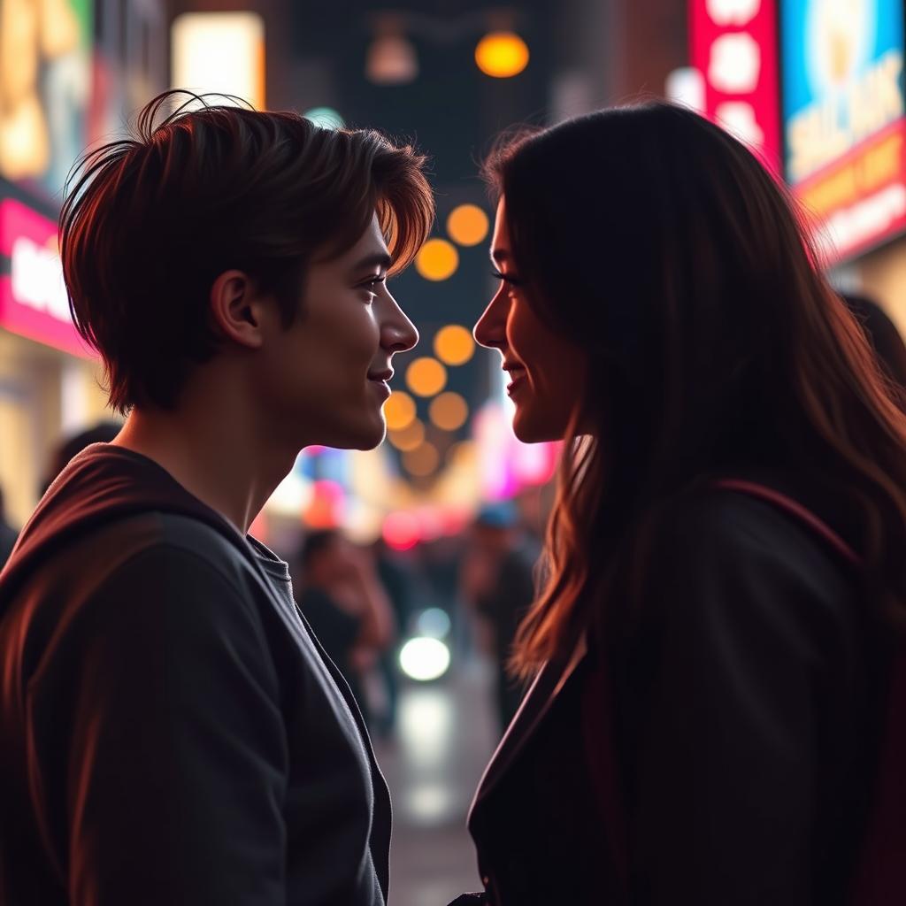 A romantic scene of two strangers locking eyes for the first time amidst a bustling city street