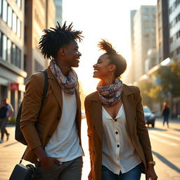 Two young Black individuals walking through a city on a beautiful morning when their eyes meet, capturing a magical moment of love in the air