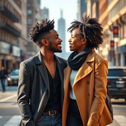 Two young Black individuals walking through a city on a beautiful morning when their eyes meet, capturing a magical moment of love in the air