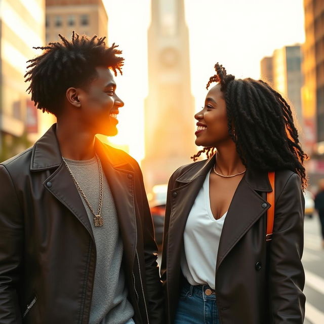 Two young Black individuals walking through a city on a beautiful morning when their eyes meet, capturing a magical moment of love in the air