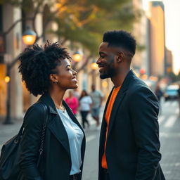 Two young Black individuals walking through a city on a beautiful morning when their eyes meet, capturing a magical moment of love in the air