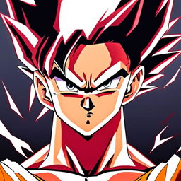 Anime art profile picture of Goku from Dragon Ball Z with spiky black hair and intense eyes, frowning in his iconic orange gi against a warm gradient background, encased within a circular border.