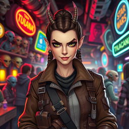 A clever and skilled female Balosar smuggler from the Star Wars universe, highlighted by her distinctive antennae and a mischievous smile