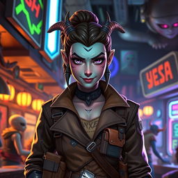 A clever and skilled female Balosar smuggler from the Star Wars universe, highlighted by her distinctive antennae and a mischievous smile