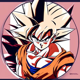 Anime art profile picture of Goku from Dragon Ball Z with spiky black hair and intense eyes, frowning in his iconic orange gi against a warm gradient background, encased within a circular border.