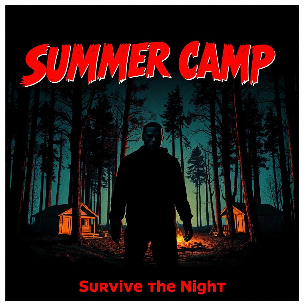 A chilling 1981 summer camp horror movie poster featuring a menacing silhouette of a masked slasher standing ominously in the foreground