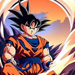 Anime art profile picture of Goku from Dragon Ball Z with spiky black hair and intense eyes, frowning in his iconic orange gi against a warm gradient background, encased within a circular border.