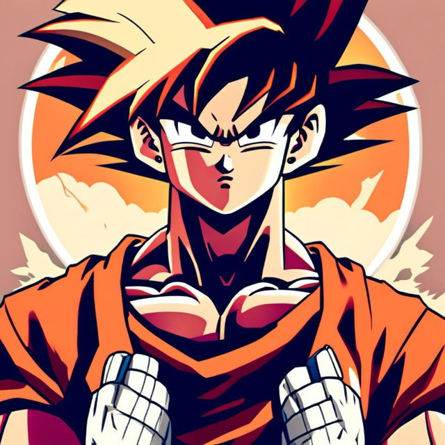 Anime art profile picture of Goku from Dragon Ball Z with spiky black hair and intense eyes, frowning in his iconic orange gi against a warm gradient background, encased within a circular border.