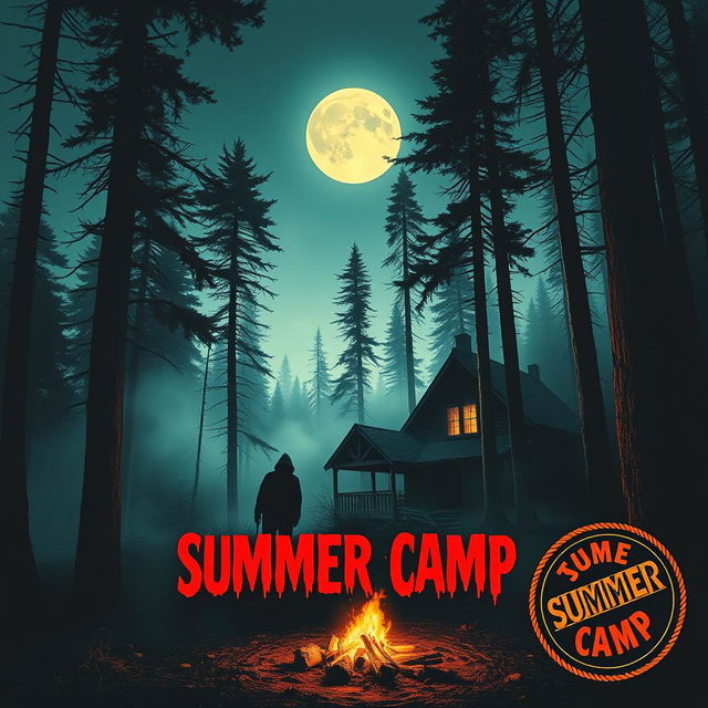 A chilling 1981 summer camp horror movie poster featuring a shadowy figure lurking near a creepy cabin in the woods, under a full moon