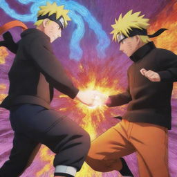 An intense moment between characters Naruto and Kawaki in a dynamic, anime-style setting, filled with vibrant colors and energy