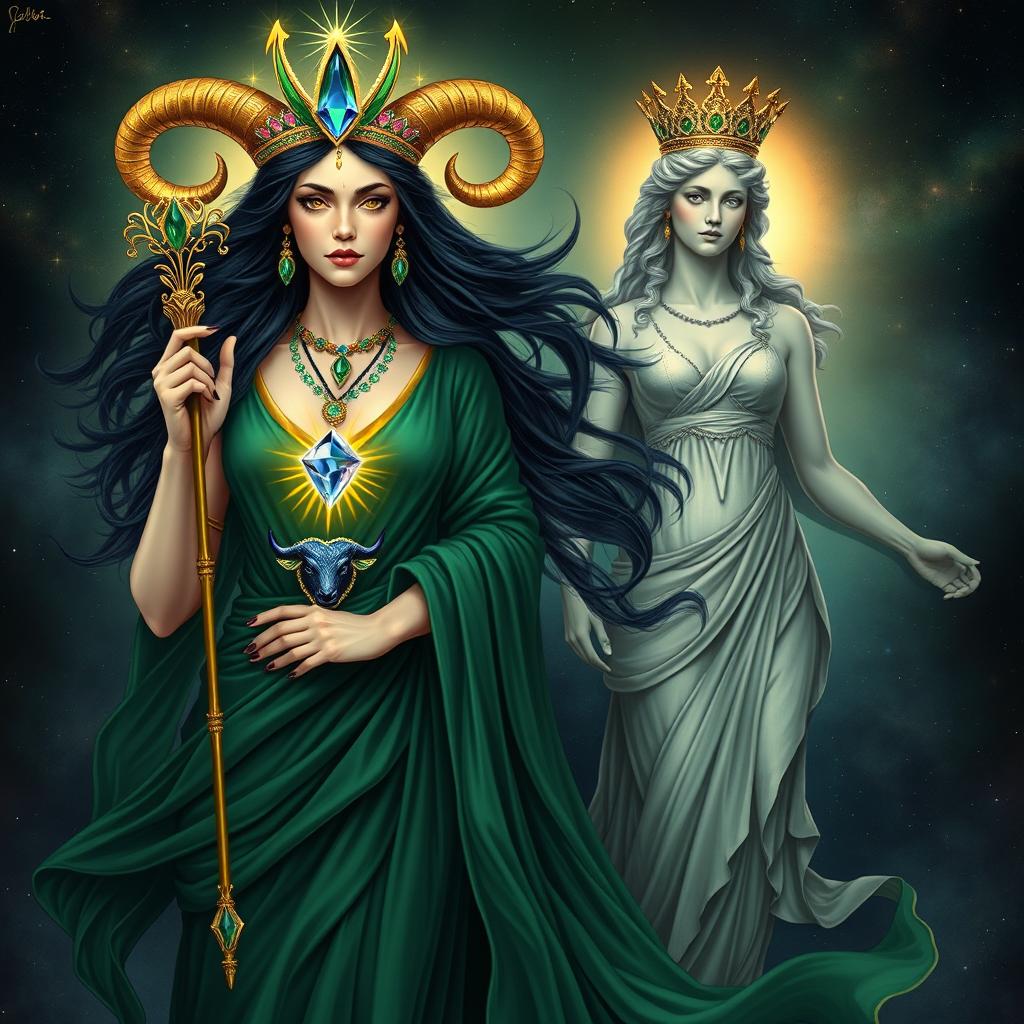 The Taurus Goddess is a celestial vision, with dark locks cascading like midnight silk, exuding an otherworldly beauty