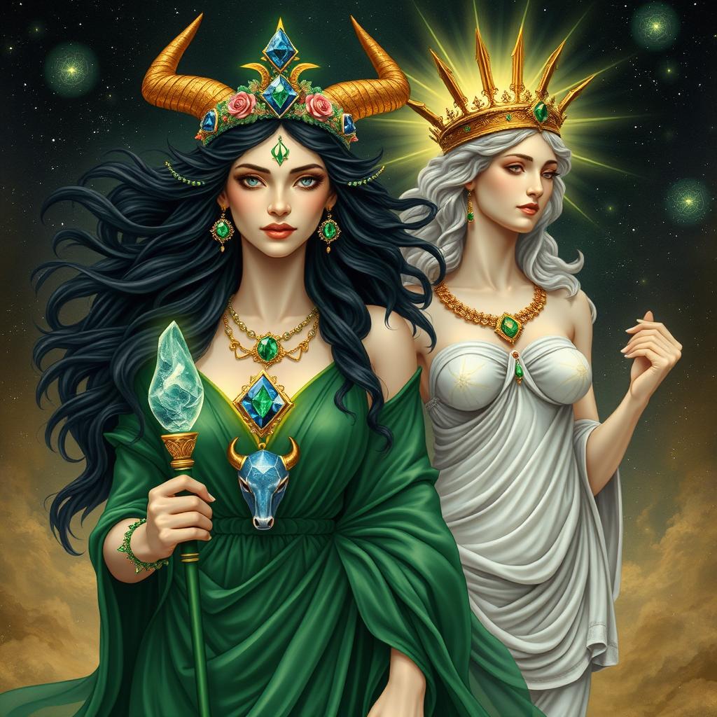 The Taurus Goddess is a celestial vision, with dark locks cascading like midnight silk, exuding an otherworldly beauty