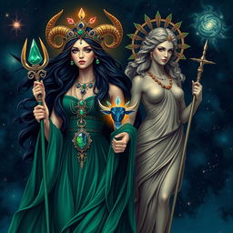 The Taurus Goddess is a celestial vision, with dark locks cascading like midnight silk, exuding an otherworldly beauty
