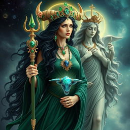 The Taurus Goddess is a celestial vision, with dark locks cascading like midnight silk, exuding an otherworldly beauty