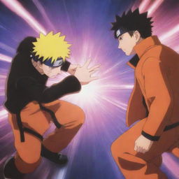 An intense moment between characters Naruto and Kawaki in a dynamic, anime-style setting, filled with vibrant colors and energy