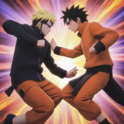 An intense moment between characters Naruto and Kawaki in a dynamic, anime-style setting, filled with vibrant colors and energy