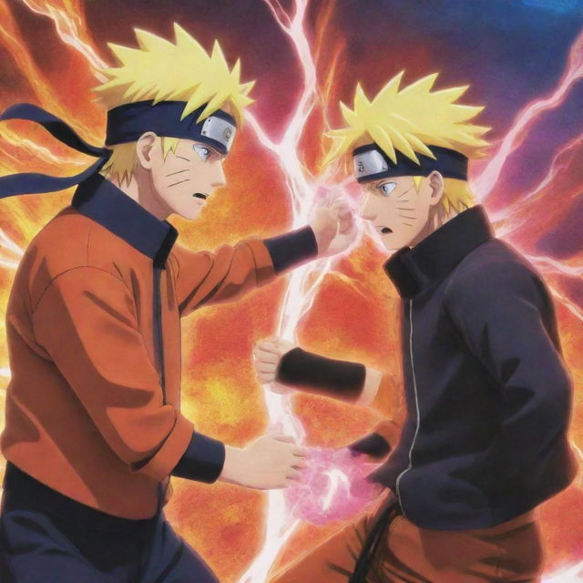 An intense moment between characters Naruto and Kawaki in a dynamic, anime-style setting, filled with vibrant colors and energy