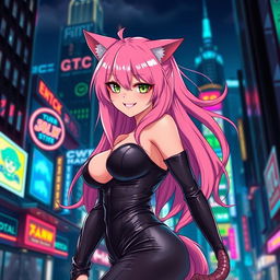 A very hot anime neko girl with long flowing pink hair and green cat-like eyes, wearing a form-fitting leather outfit that accentuates her curves