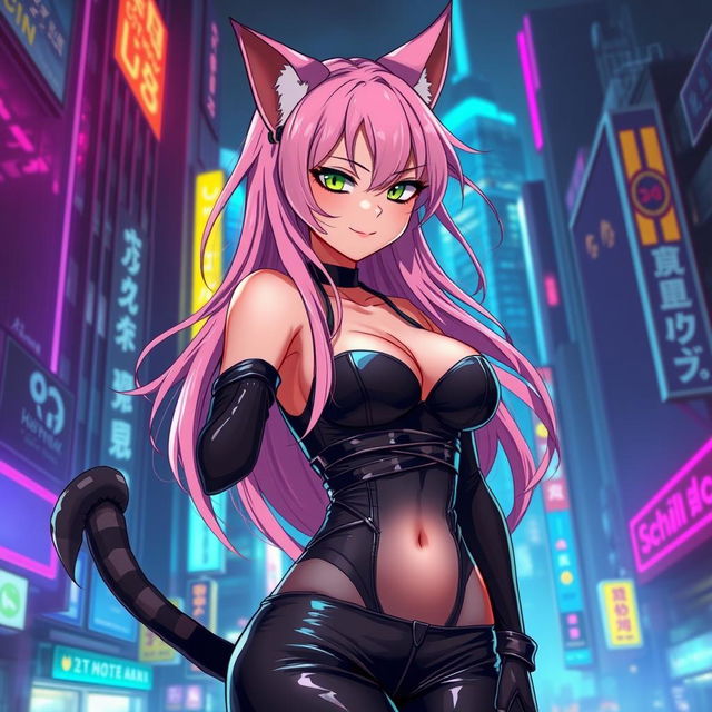 A very hot anime neko girl with long flowing pink hair and green cat-like eyes, wearing a form-fitting leather outfit that accentuates her curves